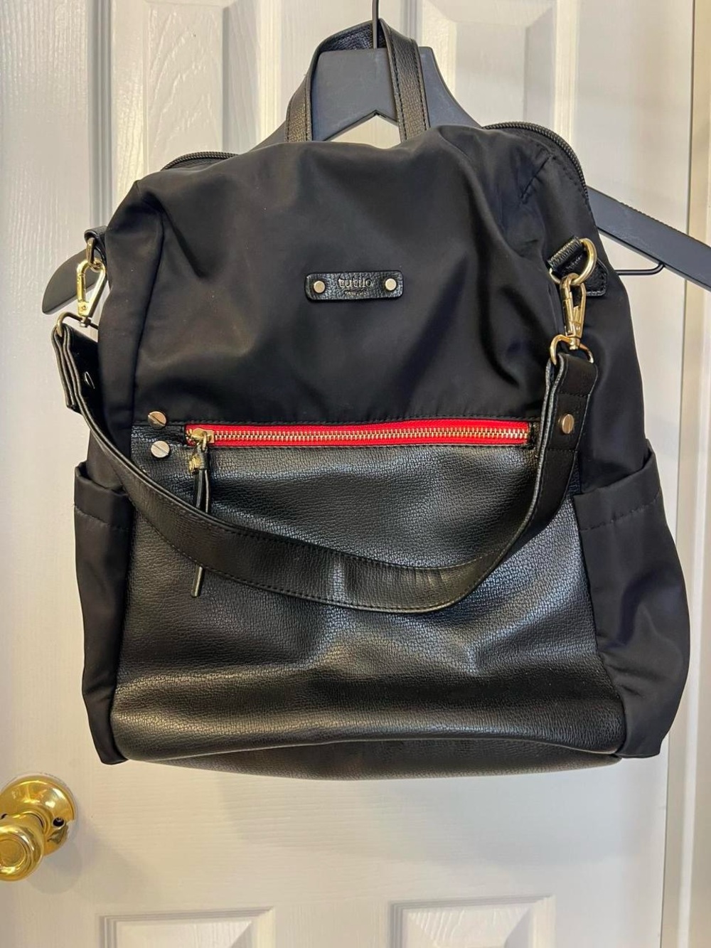 Tutilo Black Convertible Backpack Tote with Red Zipper Accent